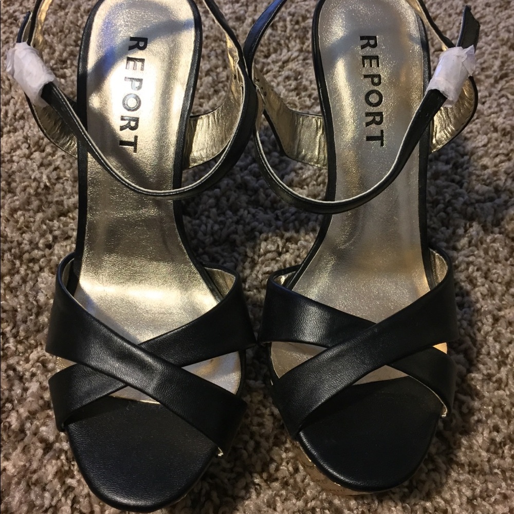 Report Black and gold strappy heels